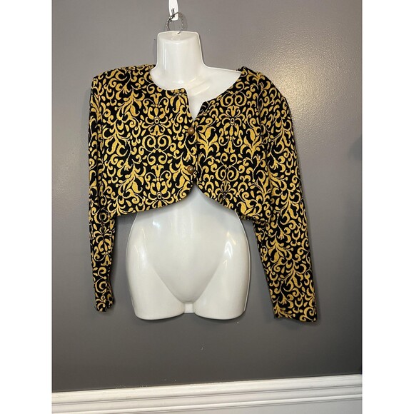 Vintage Bee Darlin Jacket Womens 11/12 Black Gold Brocade Cropped Formal 90s - Picture 1 of 8